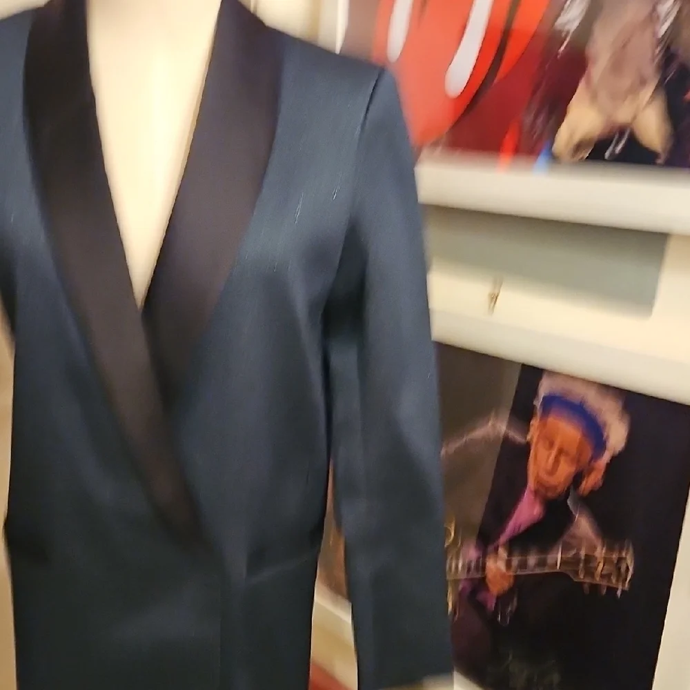 H&M Women's Dark Blue Sparkle Blazer with Black Satin Lapel - Picture 5 of 10